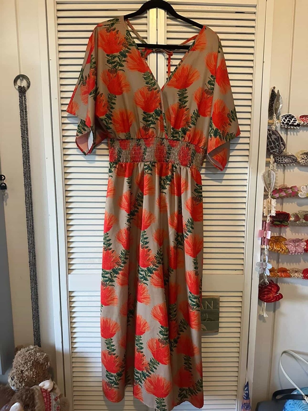 Floral V-Neck Jumpsuit in Beige with Orange Print
